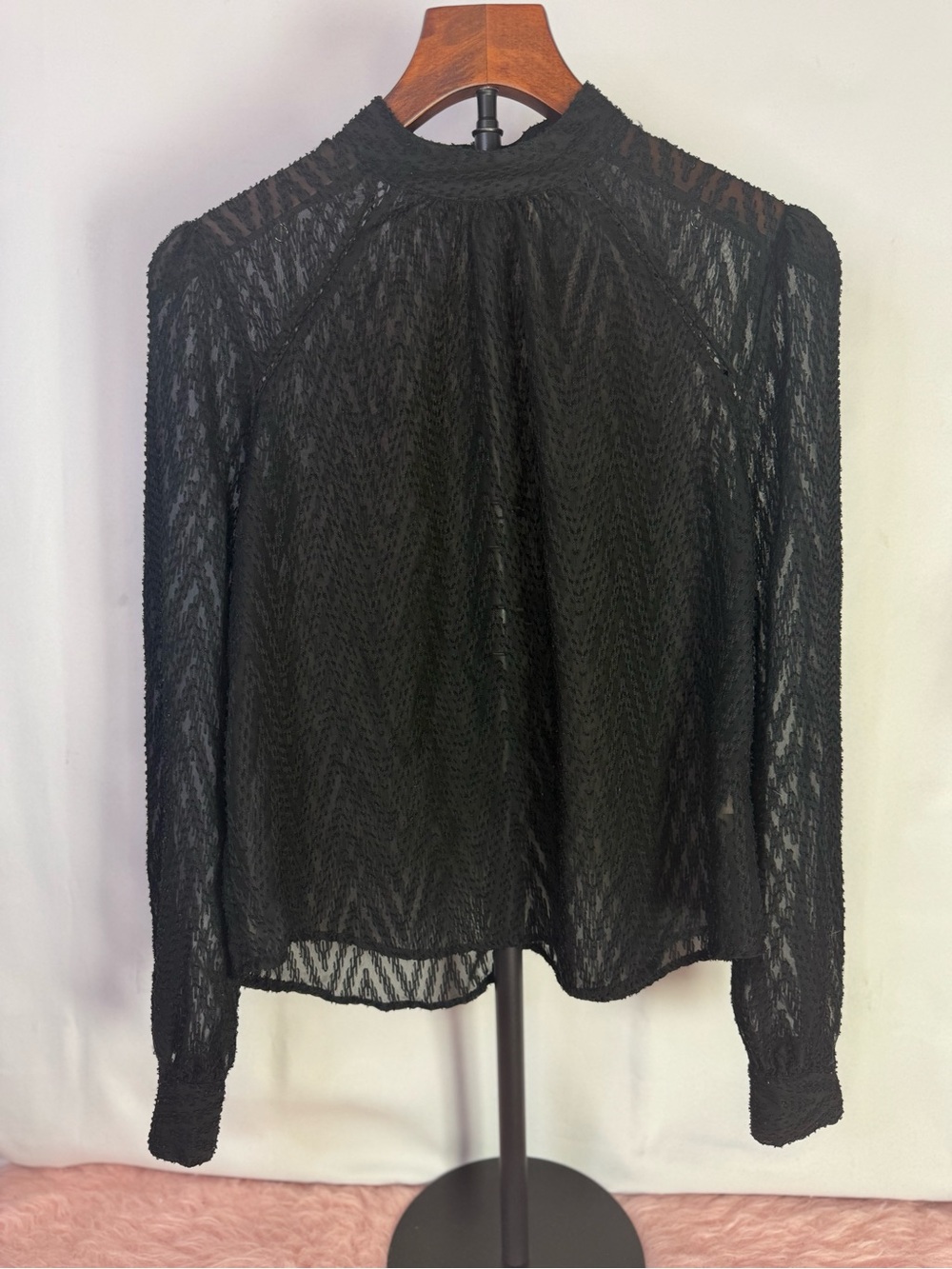Free People - Black Sheer High-Neck Button Back Long-Sleeve Blouse - Size XS